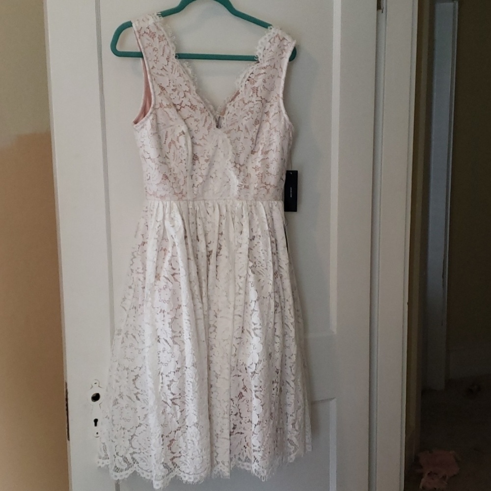 Lulu's Love swept white lace midi skater dress